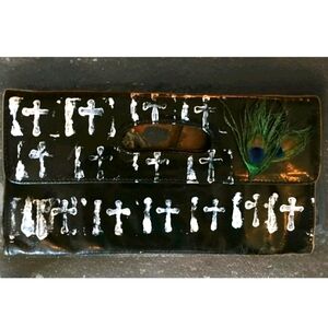 HOBO Leather Clutch Handbag Purse Custom Paint, Ostrich Feathers, Gems & Crosses
